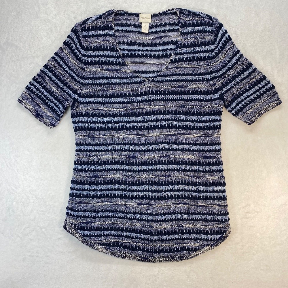 Chico's‎ Knit Crochet Top Metallic Accent Short Sleeve V-Neck Blue Size 2